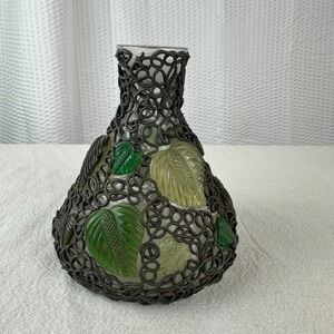 Vintage Art Glass Vase Metal Filigree Overlay Leaf Design Studio Decor
